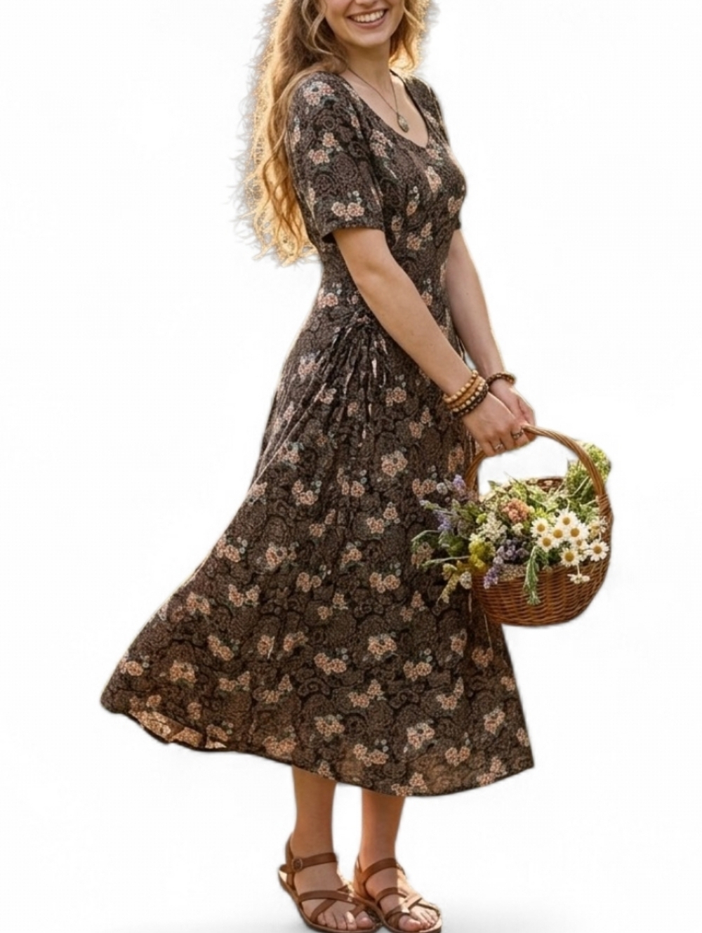 Jamie Brooke Vintage 90s Brown Floral Rayon Side Lace Maxi Dress Whimsigoth